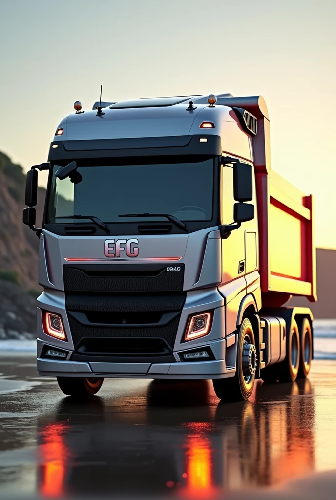 (high quality image, High Definition, 16k, realistic photo) SIDE VIEW OF A RED DAFF TYPE DUMP TRUCK, with the characteristics of a truck, aggressive, powerful. The truck is RED WITH DESINGS, big grill, with the acronym "EFG" on the grill, ON THE beach, sunlight reflecting on the bodywork. wet floor, Water, rain, Obra maestra, Anatómicamente correcto, Detalles altos, Muy detallado, 