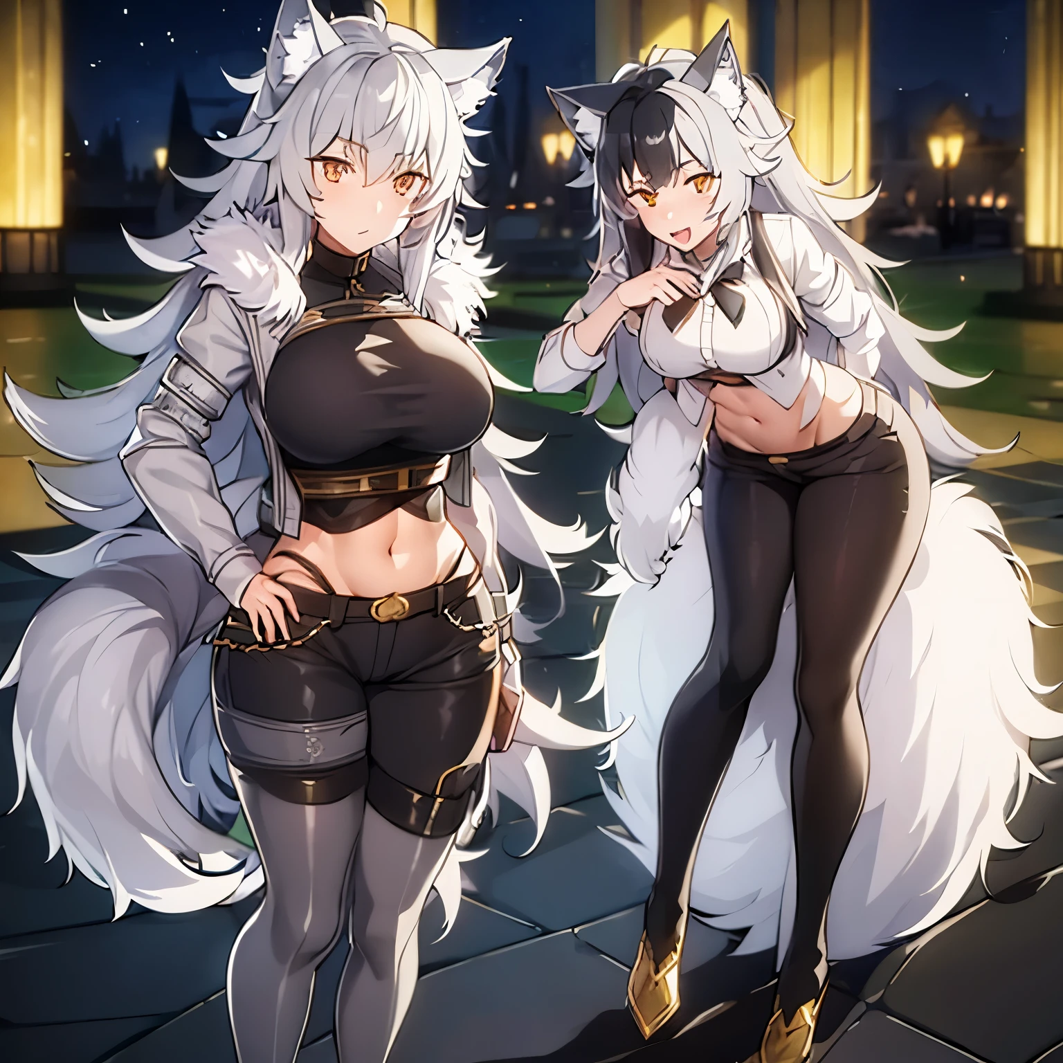 1 girl, wolf ears, 1 girl large boobs, wolf tail, long hair, black hair, gold eyes, full body, gray coat, gray pants