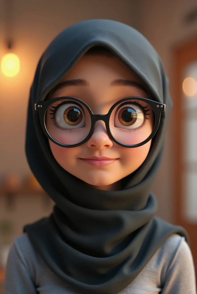 A girl with dark brown eyes, with hijab, thick lips, high, thin and with a happy expression, put on silver oakley glasses,3d render