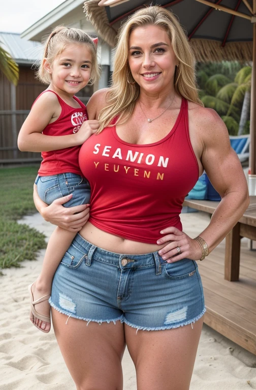 Full shot , sexy mature milf ,blonde sonia with kid, wearing a red tank top shirt and denim shorts in beach,fleshy figure,cougar lady , extremely gorgeous, thick figure, heavy physique, voluptuous, Flowing Hair