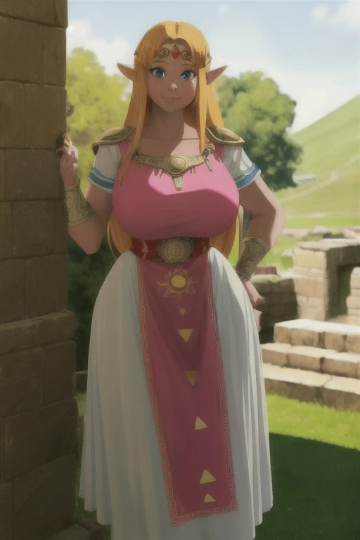 (best quality), (masterpiece), 1 girl, early 20's, huge heavy breasts, thick, thick lips, wide hips, thin waist, princess zelda, nintendo, the legend of zelda, albw, wearing dress