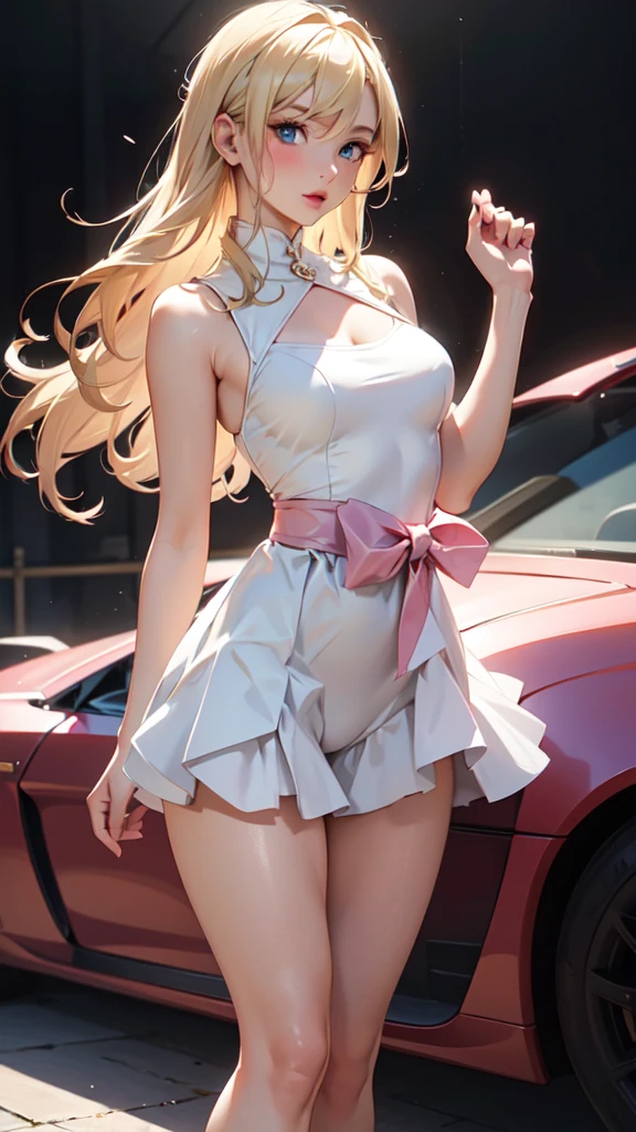 1girl, solo, elegant hair (upper body: 1.1), (side at the viewer: 1.1), filmg , sweet_****ta, Best quality, masterpiece, blond hair, blue eyes, Exquisite mouth,Very detailed face, blush, Shiny wet skin, Pink lips, Delicate lips, one piece race queen cosplay outfit, garage background, low lighting,  standing with one leg slightly bent at the knee, hands on her waist or one hand on her hip and the other hanging loosely.
