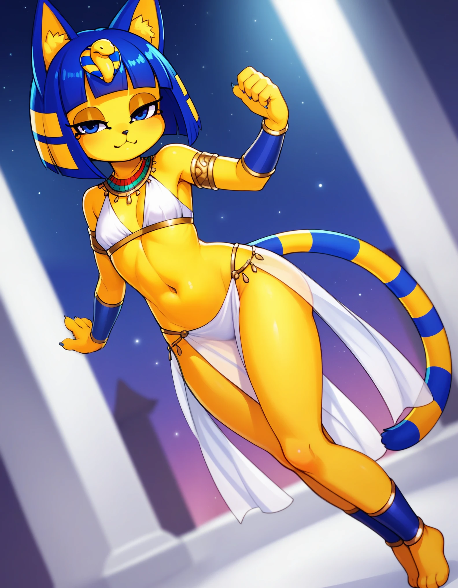 [isaCrossing], [Ankha; Animal Crossing], [Uploaded to e621.net; (Pixelsketcher)], kemono, dagasi, solo female ankha \(animal crossing\) with ((cute and short body with homogenous yellow fur)), ((cute and small body)), (full body), (dutch angle), (blue hair), (blue eyes), (half closed eyes), (yellow and blue striped cat tail), ((anthro furry)), ((wearing sexy white belly dancer clothes)), (egyptian necklace), ((small breasts)), (detailed fluffy fur), (dancing with hands above head), (seductive pose), (relaxed expression), (detailed background, outdoors, night garden background, depth of field, half body shadow, moonlight, ambient light on the body), (intricate:1), (high detail:1.3), (unreal engine:1.2), (soft focus:1.15), [explicit content, questionable content], (masterpiece, best quality, 4k, 2k, shaded, absurd res)