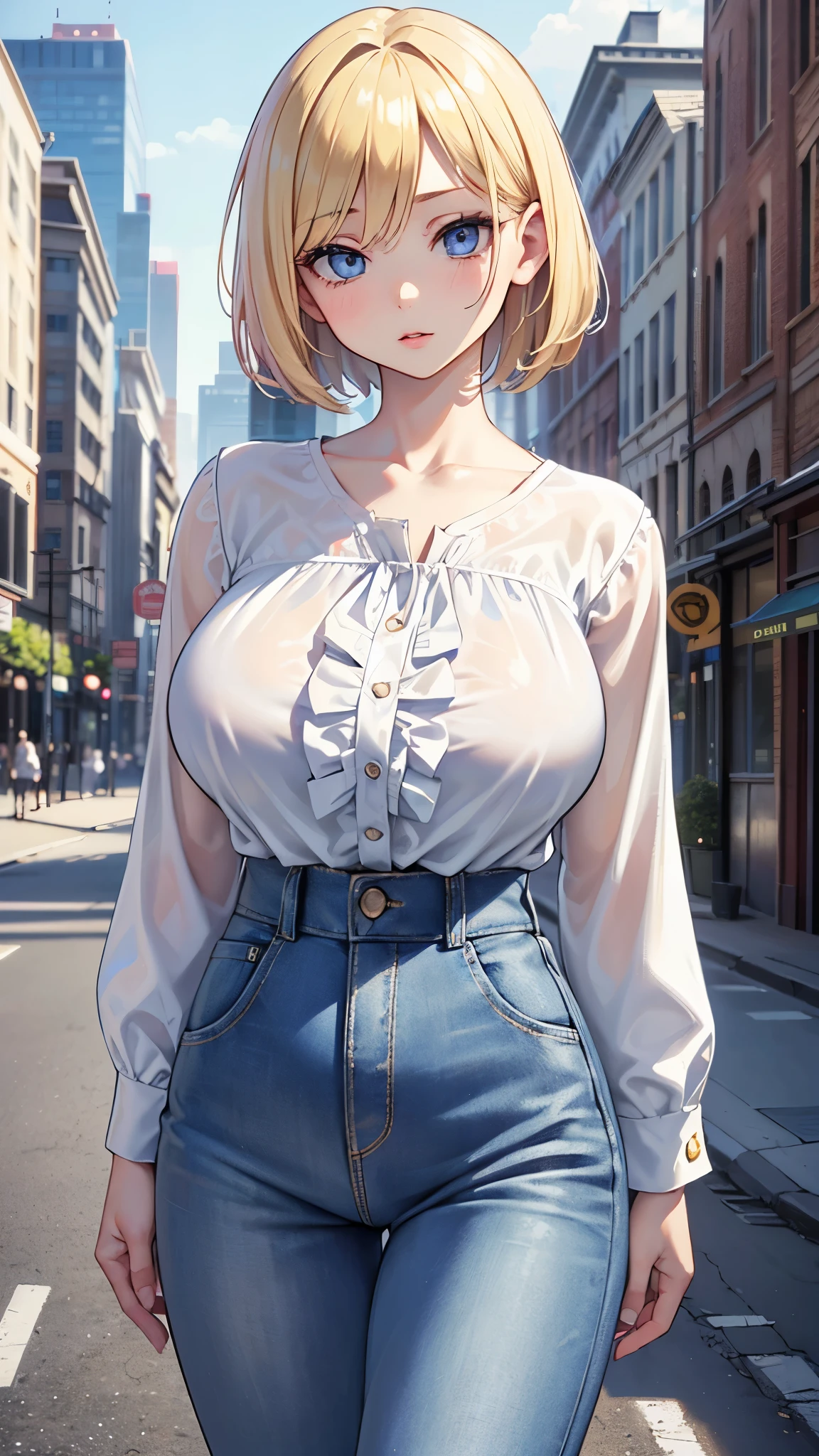 (1girl,beautiful detailed eyes,beautiful detailed lips,extremely detailed face,blonde hair,short hair,street,cityscape,glorious,cute,busty,best quality,4k,8k,highres,masterpiece:1.2,ultra-detailed,realistic,photorealistic,photo-realistic:1.37,pixiv)