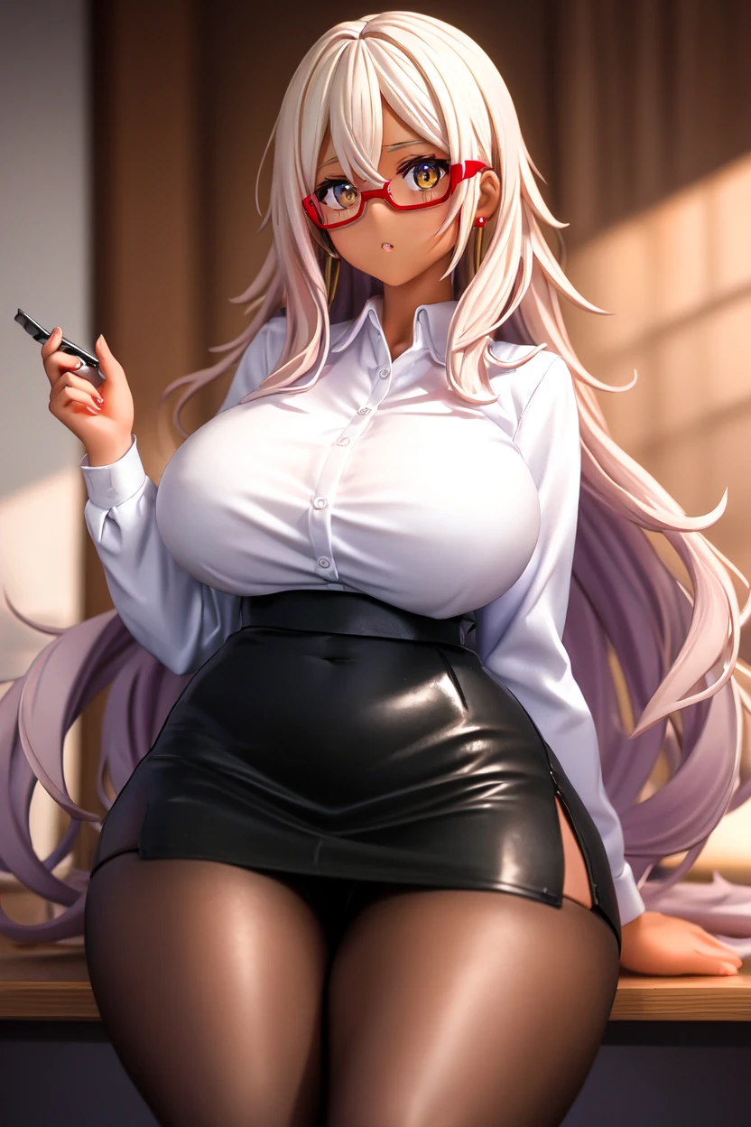 Hi res, masterpiece, 8k, nsfw, classroom, sunset, near a windows with a beautiful city landscape, alexia midgar, (gigantic tits: 1.6), (dense pubic hair: 1.4), (open white shirt: 1.4), (pleated gray skirt: 1.4), (black stockings: 1.4), (black high boots: 1.4), lewd face, ahegao expression, tongue out, (she sit with her legs spread wide on a school chair: 1.4), (she pouring out love juice form her exposed vagina while moaning: 1.5), (she has a huge vibrator in her vagina: 1.4)