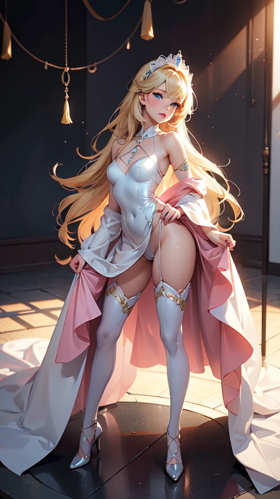 1girl, solo, elegant hair (full body: 1.1), (side at the viewer: 1.1), filmg , sweet_****ta, Best quality, masterpiece, blond hair, blue eyes, Exquisite mouth,Very detailed face, blush, Shiny wet skin, Pink lips, Delicate lips, one piece race queen cosplay outfit, garage background, low lighting,  standing with one leg slightly bent at the knee, hands on her waist or one hand on her hip and the other hanging loosely.
