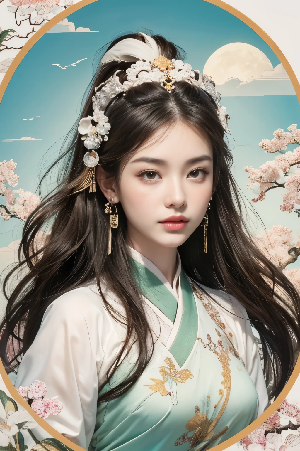 (masterpiece, Top quality, best quality, Official Art, Pretty face:1.2), (1 Chinese Goddess，Chang'e fairy:1.5), Very detailed,(Dunhuang art:1.1),(Dunhuang is colorful:1.1)(Flowers:1.3),The most detailed,(Chinese painting:1.2), (Dynamic flight attitude，Step on the clouds), (Tiangong, White clouds and bright moon background:1.3), (Chinese Hanfu Embroidery Fabric:1.2), (Radiant Skin), (multiple colour:1.4), ,(earrings:1.4),