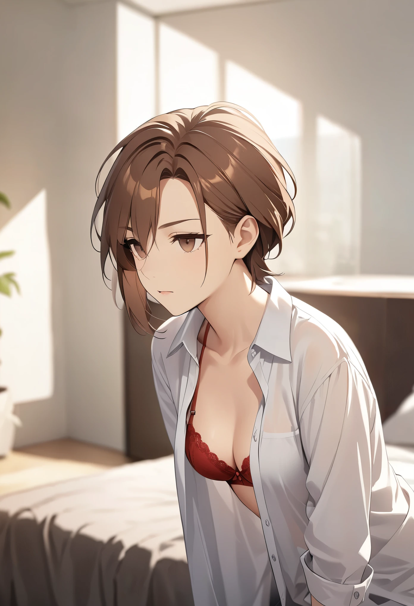 maSterpiece) ((((HigheSt quality))))((High reSolution))))))、、((Red BRA))、Open shirt、looseルーム、loose、Brown Hair、Expressionless、Change of clothes、Look away、Look to the right