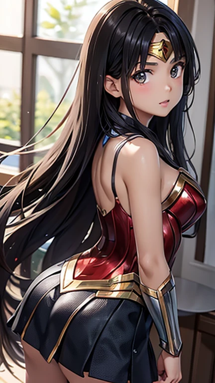 Highest quality、((8k))、Realistic、Middle school students、Low length、、cute、Light brown eyes、Black Hair、Long Wavy Hair、Wonder Woman、Tanned dark skin、thin、Rear view