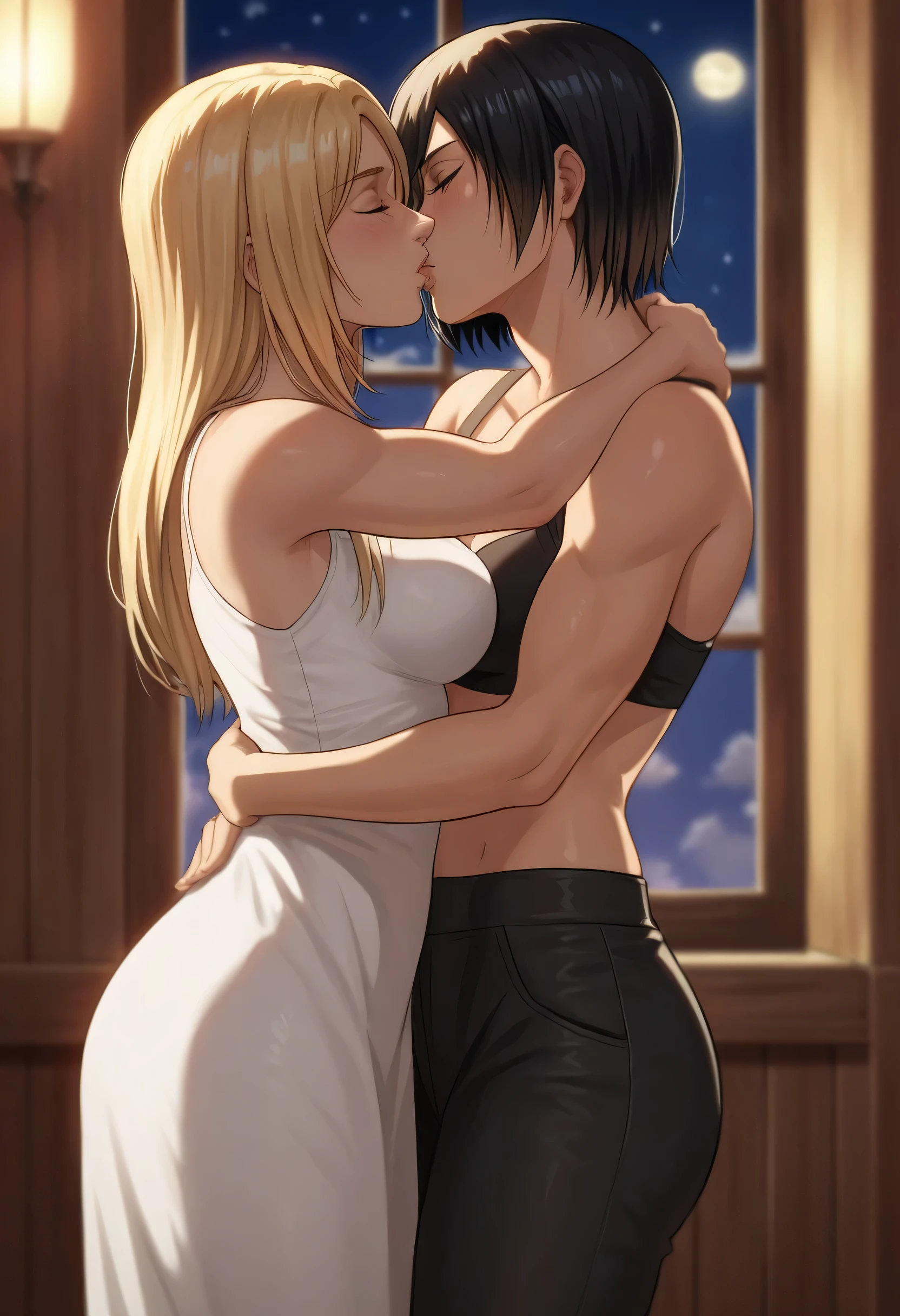 score_9, score_8_up, score_7_up, BREAK source_anime, historia reiss, blue eyes, blonde hair, long hair, medium breasts, long white dress sleeveless,female black hair soldier hugs historia,Mikasa with historia hugs,mikasa wreanig black sport bra and black combat pants,Mikasa female with short hair,mikasa female medium breasts,eyes closed,in night,moon in sky,mikasa final season,mikasa,Mikasa hugs historia،mikasa femboy,mikasa final season,historia blonde hair,hugs and kissing,mikasa carrying historia and kissing her,Mikasa lifts Historia up and kisses her.in middle night 