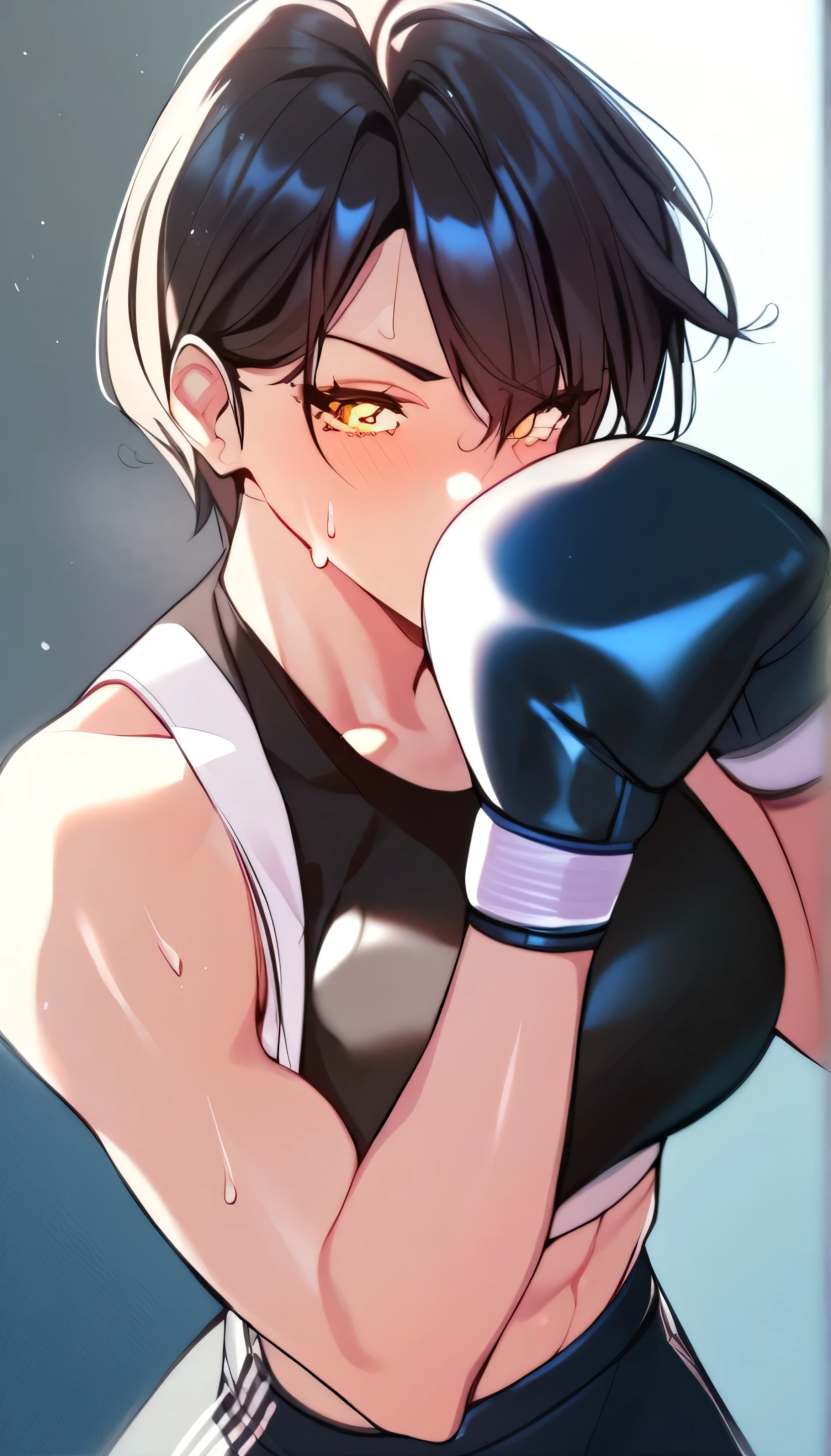 1 girl, black hair,masterpiece,best quality,highres,ultra-detailed,aashizue,yellow eyes,short hair,(sports bra:1.2), boxing gloves, toned, sweating,boxing stance, (sleeveless:1.4)