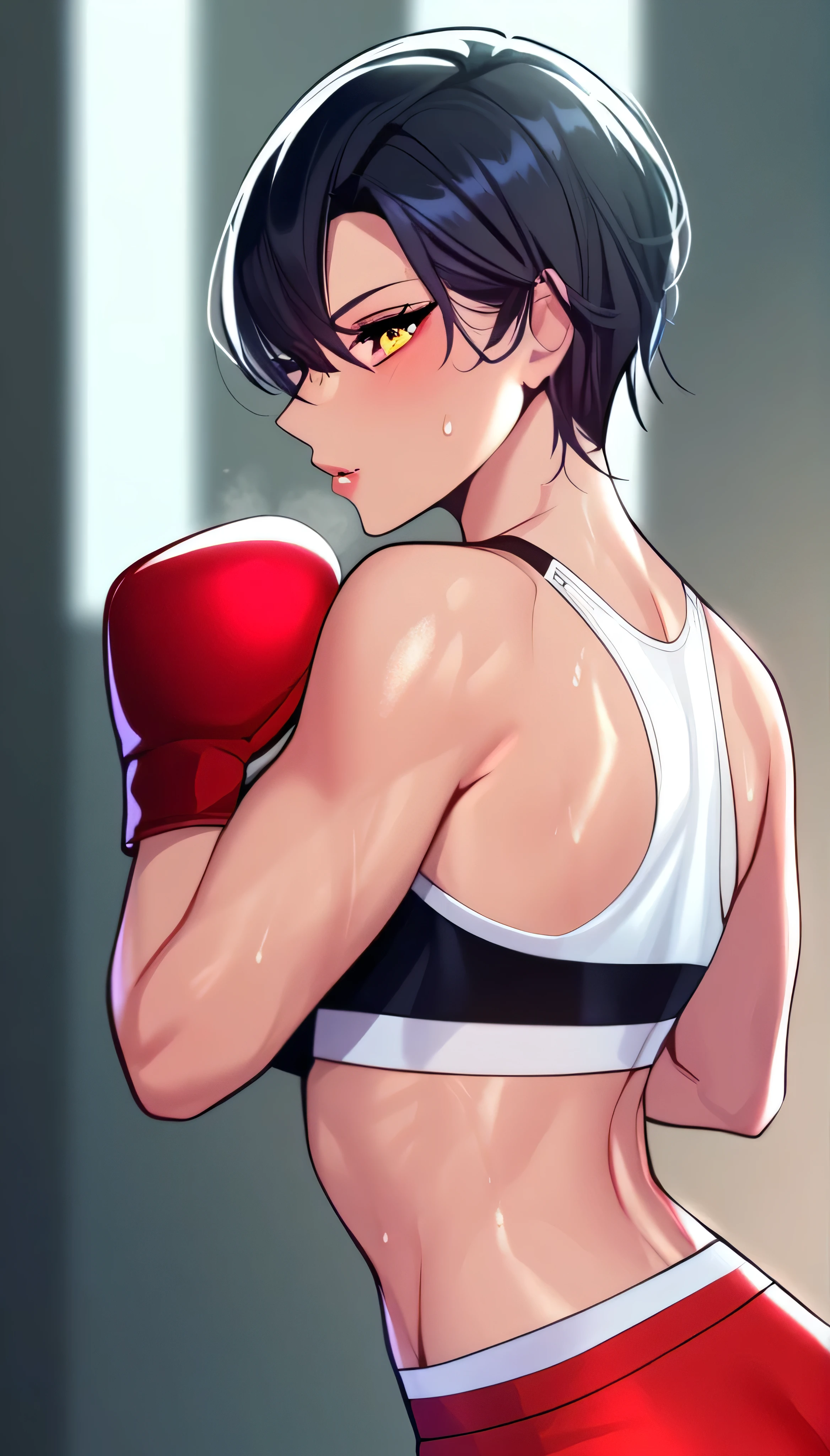 1 girl, black hair,masterpiece,best quality,highres,ultra-detailed,aashizue,yellow eyes,short hair,(sports bra:1.2), boxing gloves, toned, sweating,boxing stance, (sleeveless:1.4)