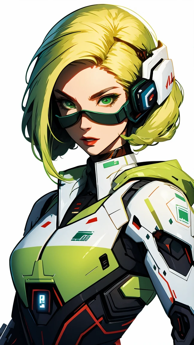 futuristic female scientist in white background, blonde hair, green eyes, half body