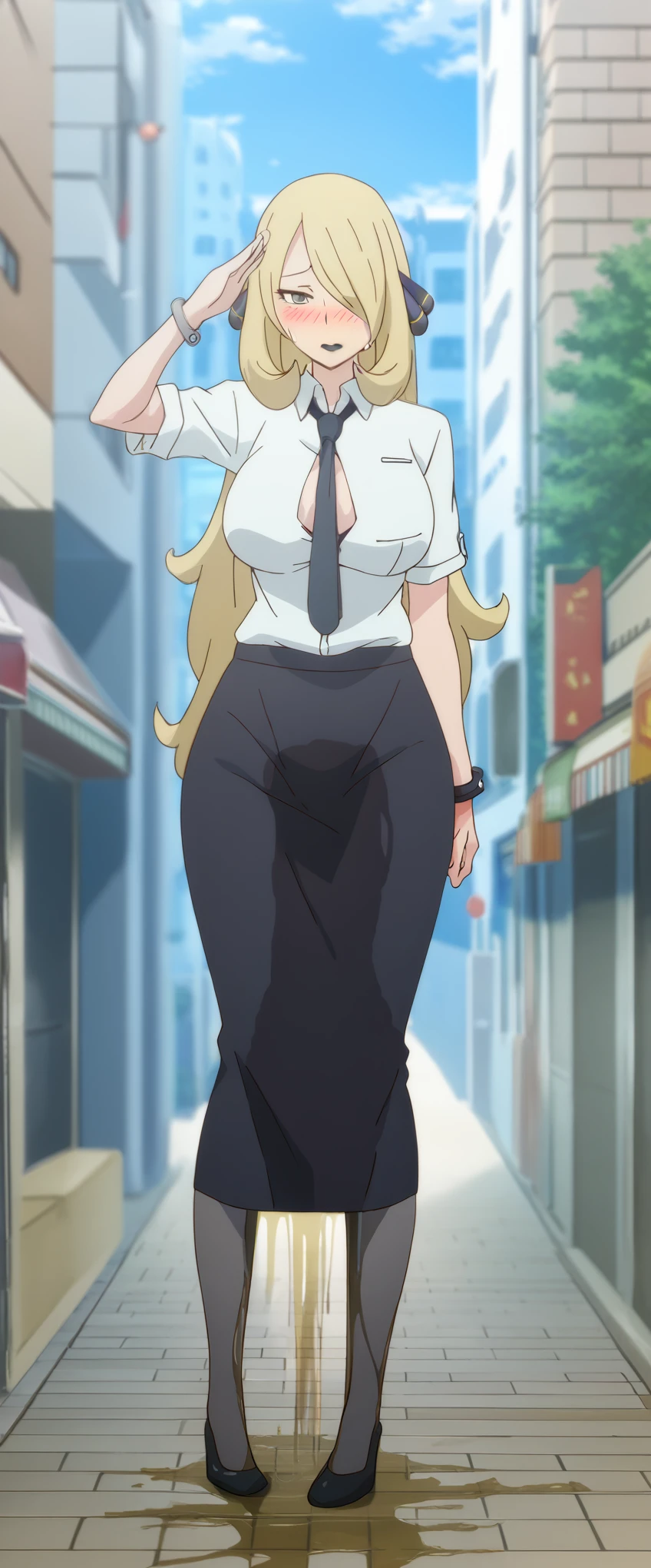 (high quality,Very detailed:1.37, High resolution), 2d, anime, anime style, anime source, Woman, Cynthia \(Pokemon\), business suit, necktie, (long skirt:1.25), (pencil skirt:1.5), pantyhose, huge breasts, cleavage, looking at viewer, masterpiece, best quality, (wetting self:1.5), desperation, embarrassed, humiliation, (blushing:2.0), (black lipstick:1.25), standing, (salute:1.5), city