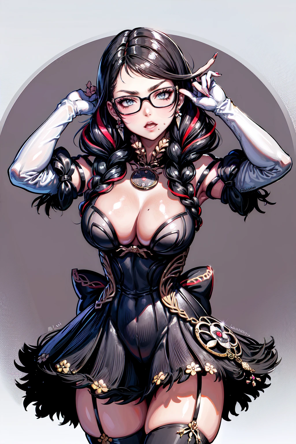 (masterpiece:1.4),(best quality:1.4),(absurdres:1.4),pin-up,bayonetta_3_twintail_aiwaifu,glasses,blue_eyes ,black_hair,long_hair,two-tone_hair,twintails,breasts,jewelry,earrings,gloves,mole_under_mouth,lips,large_breasts, Thick_thighs, curvy_hips, twin_braids,makeup,black-framed_eyewear,bodysuit,elbow_gloves,very_long_hair,lipstick,multicolored_hair,ribbon,amulet,hair_ribbon,dress,thighhighs,white_gloves,eyeshadow,bangs,clothing_cutout, (absurdres, highres, incredibly_absurdres:1.4),scenery,masterpiece,backwards, looking back