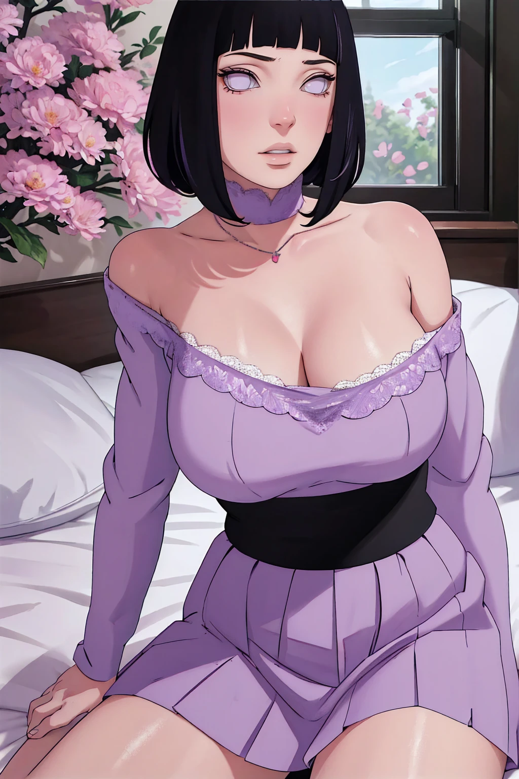 (Masterpiece - Ultra-detailed, very high resolution) (huge titusty, masterpiece, absurdres, hinata\(boruto\), 1girl, solo,mature female, off-shoulder bra, high waist black short skirt, looking at viewelling petals), perfect composition, detailed lips, big breast, beautiful face, body propotion, blush, (pink lips), short hair, (black hair), purple eyes, soft gaze, super realistic, detailed, photoshoot, realistic face and body, sitting on the bed , lilac eyes, upper body, lace clothes, perfect fingers