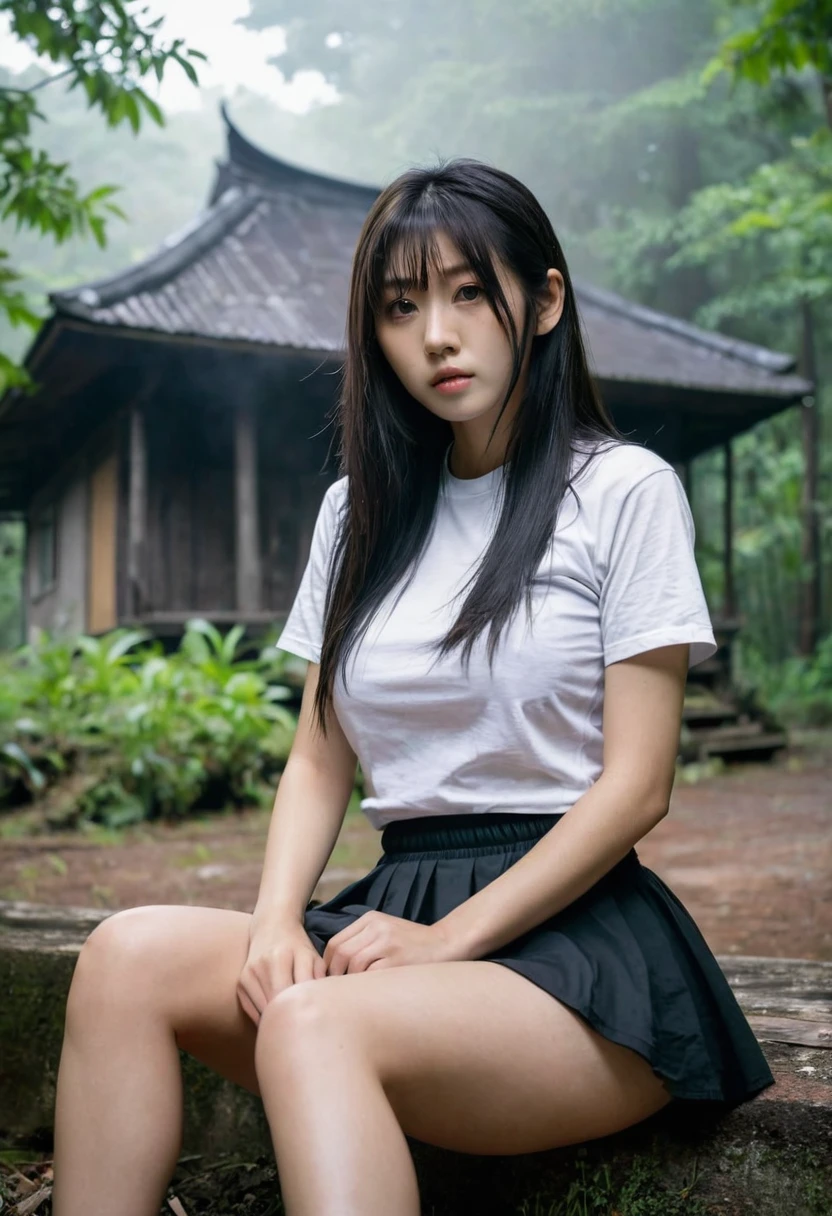 Closeup photo of a 13 year old chinese girl, forest, tied up, bound, bondage, rope, pale, cute face, pretty, (small, short, slim, thin, skinny), topless, kneeling, black pleated skirt