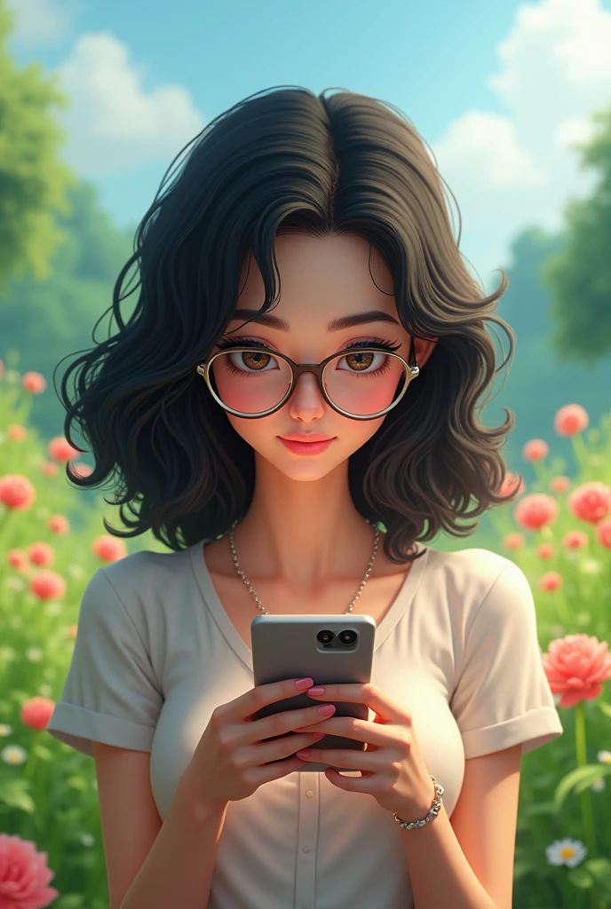 Young woman with shoulder-length black hair. Wavy and pretty hair. The woman will have glasses, white skin and delicate Latin features. The woman will be playing on her cell phone with a landscape in the background. The cell phone will be held horizontally. 3D anime drawing style.