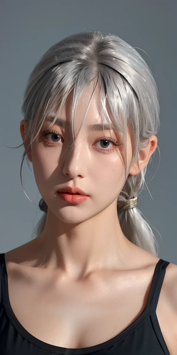 Masterpiece,realistic, 1girl,(MyleneHFV4), platinum hair, gray eyes,ringed eyes, single ponytail, ((POV, close shot)), black bra,Bra comes off, nipples, highlight breast, side bangs, sweating