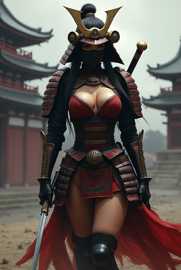 A samurai girl in a demon mask, unbuttoned samurai armor, cleavage, with the head down, in a village, full-body-shot, semi-covered small soft breasts, bare belly, Epic realism, (HDR:1.4), (Muted colors:1.4), (intricate details, hyper-detailing: 1.2), dramatic, heavy rain, Sundown, Dark clouds