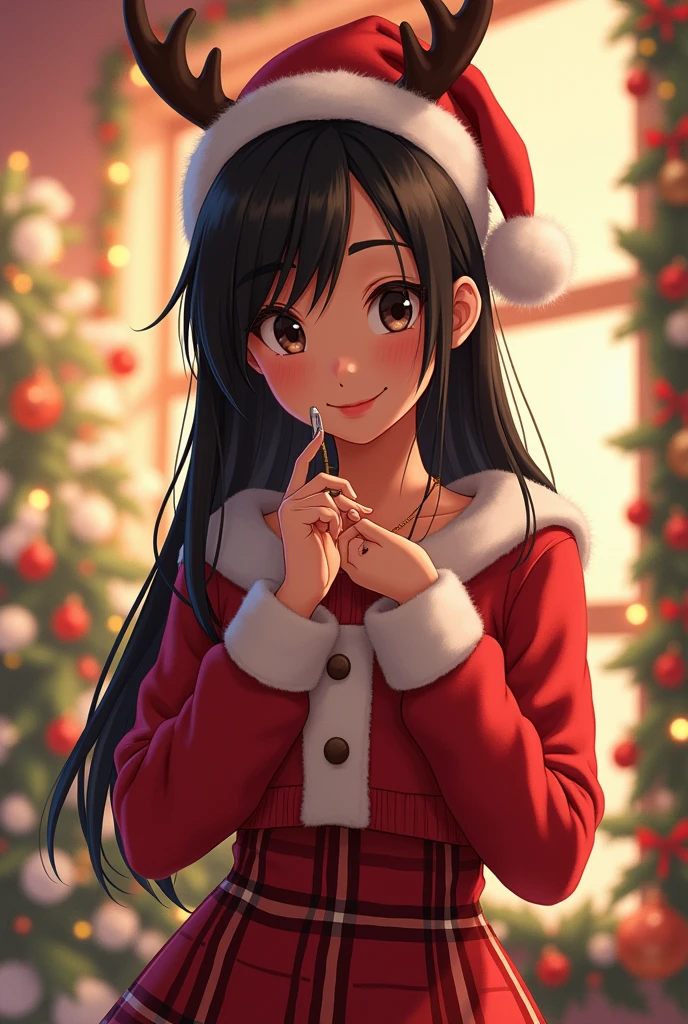 Animated woman with light brown skin and straight black hair, Full body dressed in Christmas theme and holding eyelash tweezers 