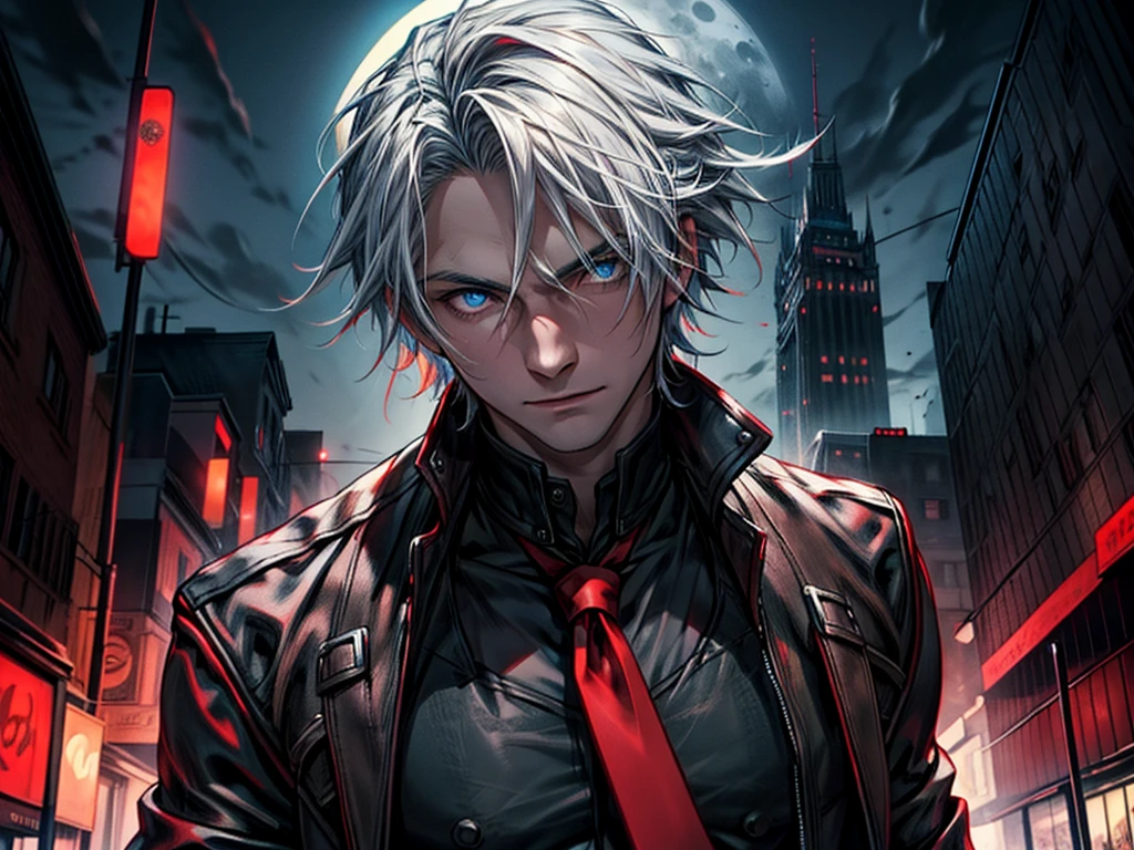 male, white medium length hair, blue eyes, black and red leather jacket, black shirt, red tie, black vest. A detailed eye. City at night background. full moon.