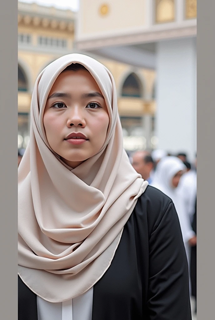 genitals, UHD, JAVANESIAN woman, dark hijab, dark scarf, pale skin, , cute face, curvy obesity body type, city, crowds, holding camera, Noon, rainy, wet, sweaty, wearing beige long arm tight shirt with "JEJE" letter, tight jeans, facing camera