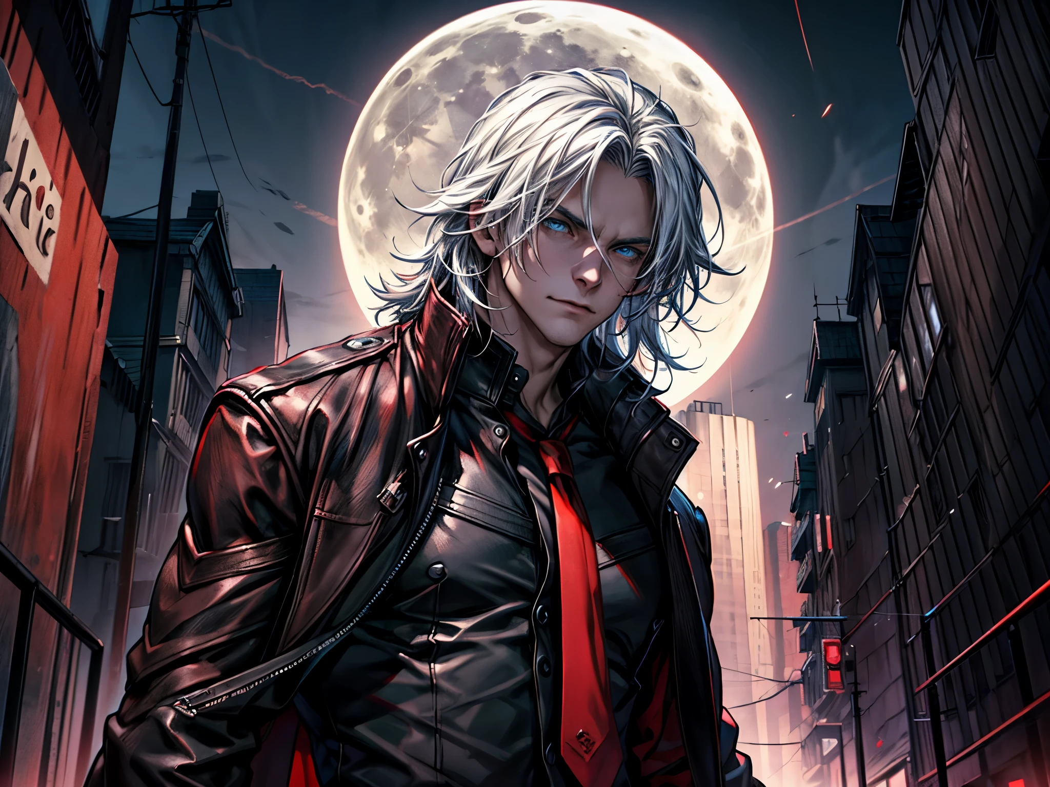 male, white medium length hair, blue eyes, black and red leather jacket, black shirt, red tie, black vest. A detailed eye. City at night background. full moon.