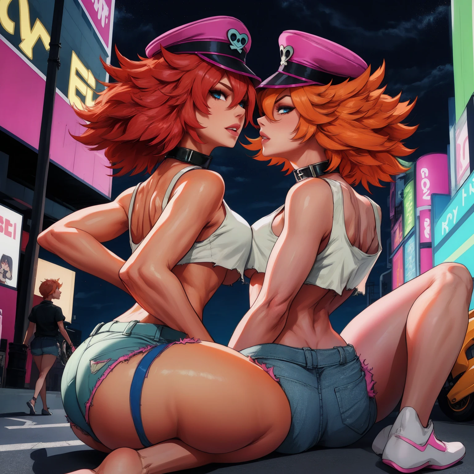 2 girls, girl racers, dark skinned with tanlines, topless, formula one race paddock, small breasts, fat ass, bubble booty, boots, covered in cum, covered in money, high quality resolution, very high quality, beautiful anime eyes, comparing asses, leaning against racecar, smiling, pink hair, fit models
