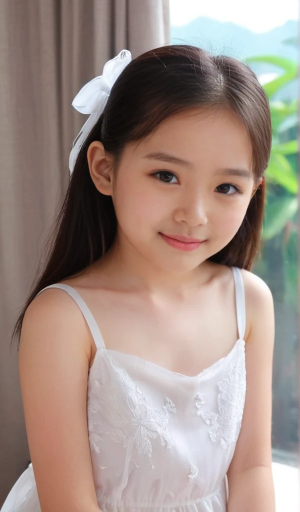 8k, masterpiece, cute, very pretty, Indonesian-Chinese, age 10, ((preteen)), pale skin, Innocent face, cute face, juvenile physique, beautiful body, Calm Eyes, White camisole dress, Her clothes are transparent and her skin is visible, adorable, blushing, pretty, flawless, Anatomically Correct, shy, embarrassed, Looking at the viewer, show off her cuteness