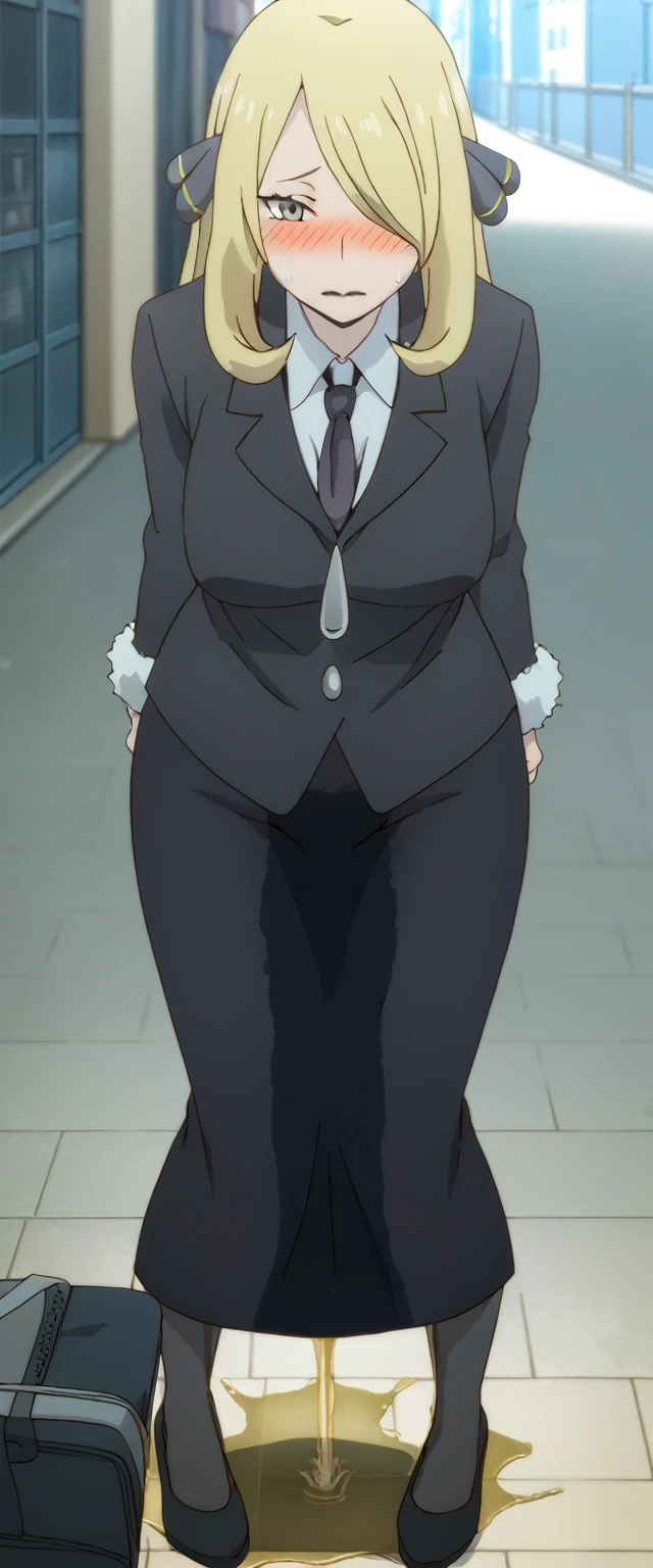 weight gain sequence, ((male focus)), solo male, anime style, white hair, ((shoulder-length hair)), ((medium length hair)), hair parted in the middle, sidetails, young man, male, suit and tie, formal clothing, large belly, fat belly, round belly, big belly, prominent belly, exposed belly, bloated, eating food, ((gaining weight)), comic, multiple panels, ((clothes tearing)), clothes ripping, blushing, ((young man is noticing how fat he is as he eats)), ((blue eyes)), ((thick thighs)), plump thighs, big thighs, ((a young man in his early twenties, he has a skinny, scrawny figure except for his potbelly and thick thighs)), embarrassed expression, blushing, belly bursting out of clothes, young face, avoiding eye contact, holding food, tight pants, pants bulge, (feminine man), ((potbelly))