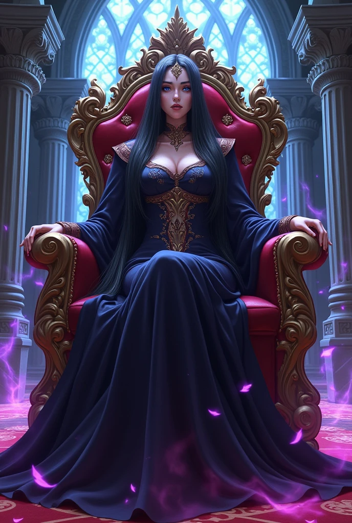 3D. Woman sitting on a chair wearing a black and violet fitted dress. Has a sord headband. With a decorative background a word NAVI