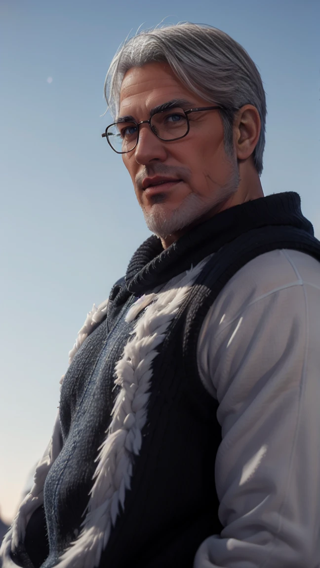 sfw, 1man, middle aged, 61 y.o, handsome, white graying edges, crew cut hairstyle, white beard, white mustache, friendly smile, wearing glasses, shining blue eyes, prominent muscular bodyshape, BODYBUILDER BODYSHAPED, black sweater, snow-themed winter mantle, dark blue training jeans, snowy tokyo (background), evening (sky color), closer distance face against me, realistic style, ultra-realistic, hyperrealistic, hyperdetail, looking viewers, hd, high quality, 8k resolution
