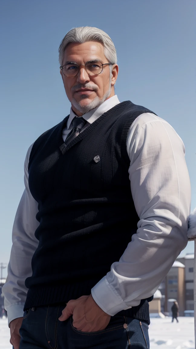 sfw, 1man, middle aged, 61 y.o, handsome, white graying edges, crew cut hairstyle, white beard, white mustache, friendly smile, wearing glasses, shining blue eyes, prominent muscular bodyshape, BODYBUILDER BODYSHAPED, black sweater, snow-themed winter mantle, dark blue training jeans, snowy tokyo (background), evening (sky color), closer distance face against me, realistic style, ultra-realistic, hyperrealistic, hyperdetail, looking viewers, hd, high quality, 8k resolution
