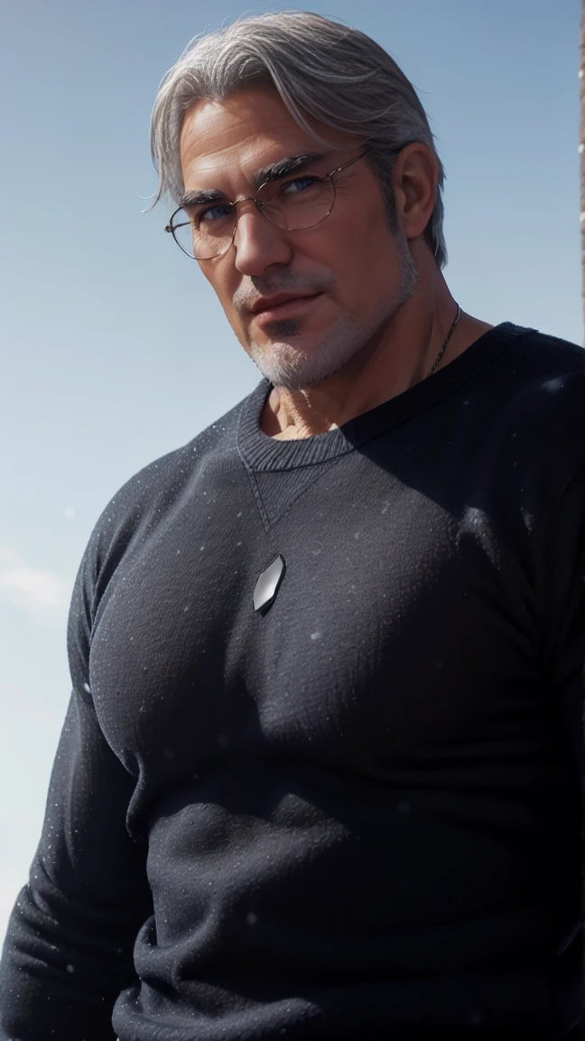 sfw, 1man, middle aged, 61 y.o, handsome, white graying edges, crew cut hairstyle, white beard, white mustache, friendly smile, wearing glasses, shining blue eyes, prominent muscular bodyshape, BODYBUILDER BODYSHAPED, black sweater, snow-themed winter mantle, dark blue training jeans, snowy tokyo (background), evening (sky color), closer distance face against me, realistic style, ultra-realistic, hyperrealistic, hyperdetail, looking viewers, hd, high quality, 8k resolution
