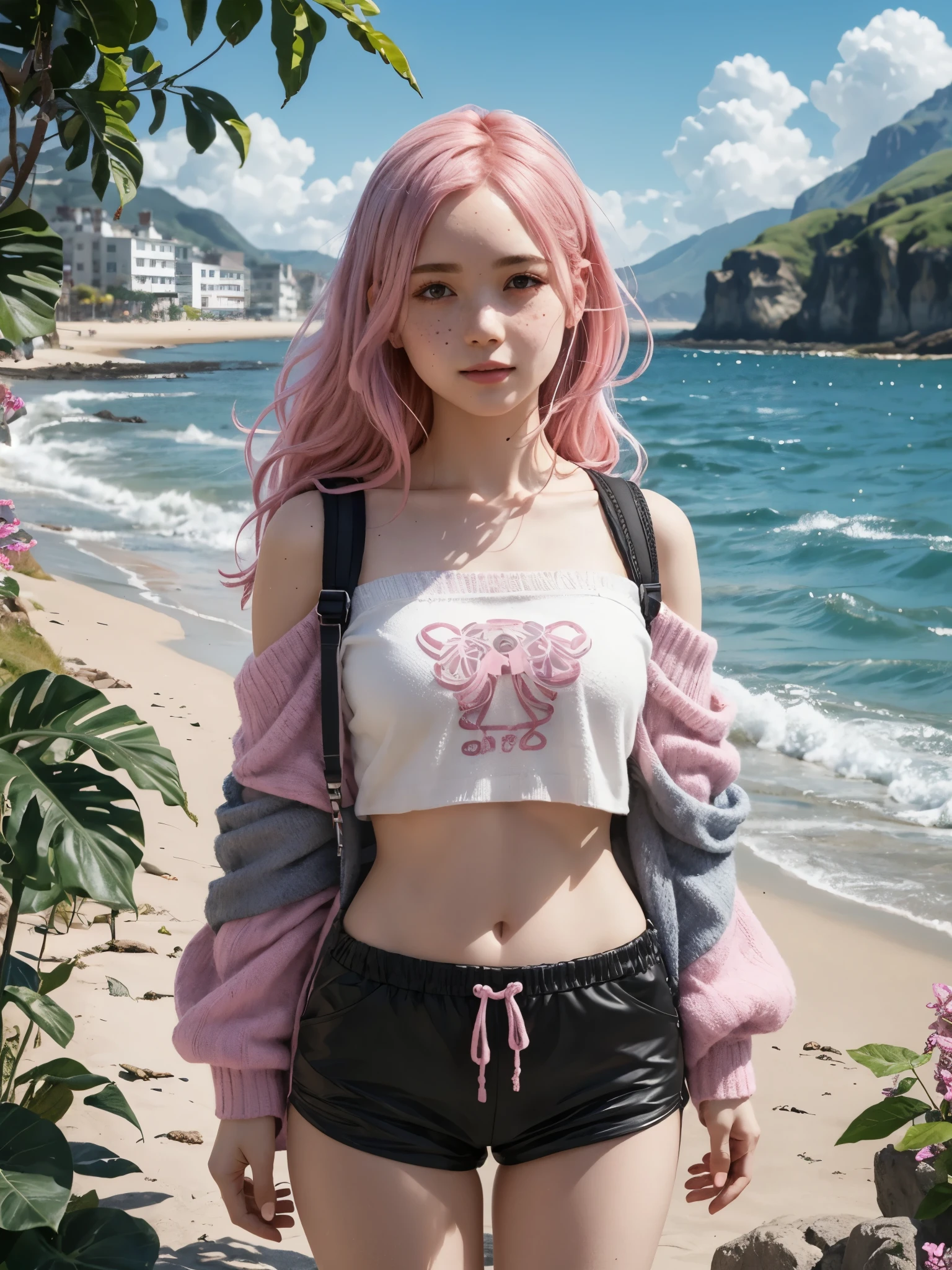 girl, white strapless off-shoulder crop top, knitted shawl, navel, long hair, pink hair, detailed face, looking at viewer, freckles, glittering plastic alien hoodies, wide hips, sports backpack, seaside town scenery, gentle waves,