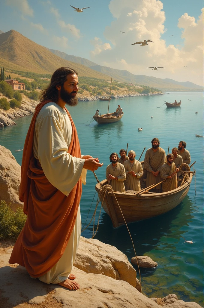 Jesus Christ dressed in red and sky blue with his back to the sea completely in a beautiful boat sailing with boys and girls dressed in beautiful clothes 