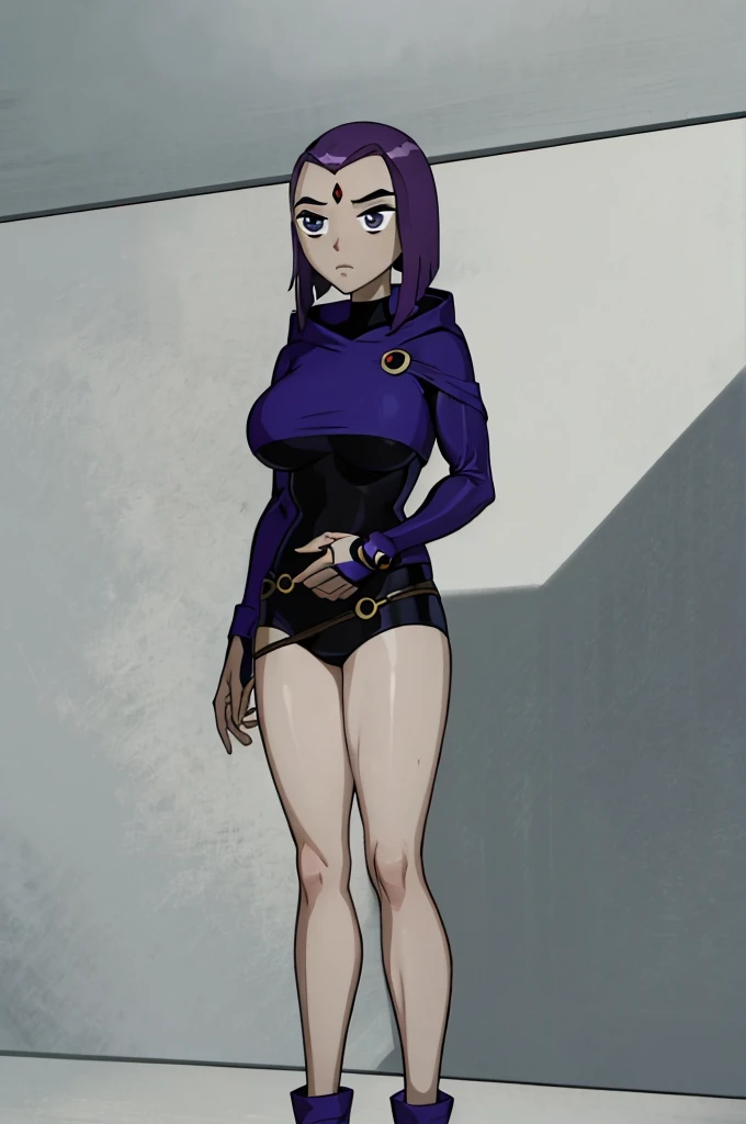 ((masterpiece,Best Quality)), absurdities, Raven (DC), purple eyes,  gray skin, forehead jewel, layer, Leotardo, Whole body , de laddo, big breasts, big ass, big muscles, Posing, looking at camera 