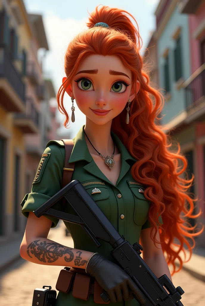 Disney Princess Merida at 2 if she were in the present day and was part of the Brazilian army. Represent her with a tattoo that has to do with her personality and a reliquary on her neck and with her hair tied up high with a firearm.