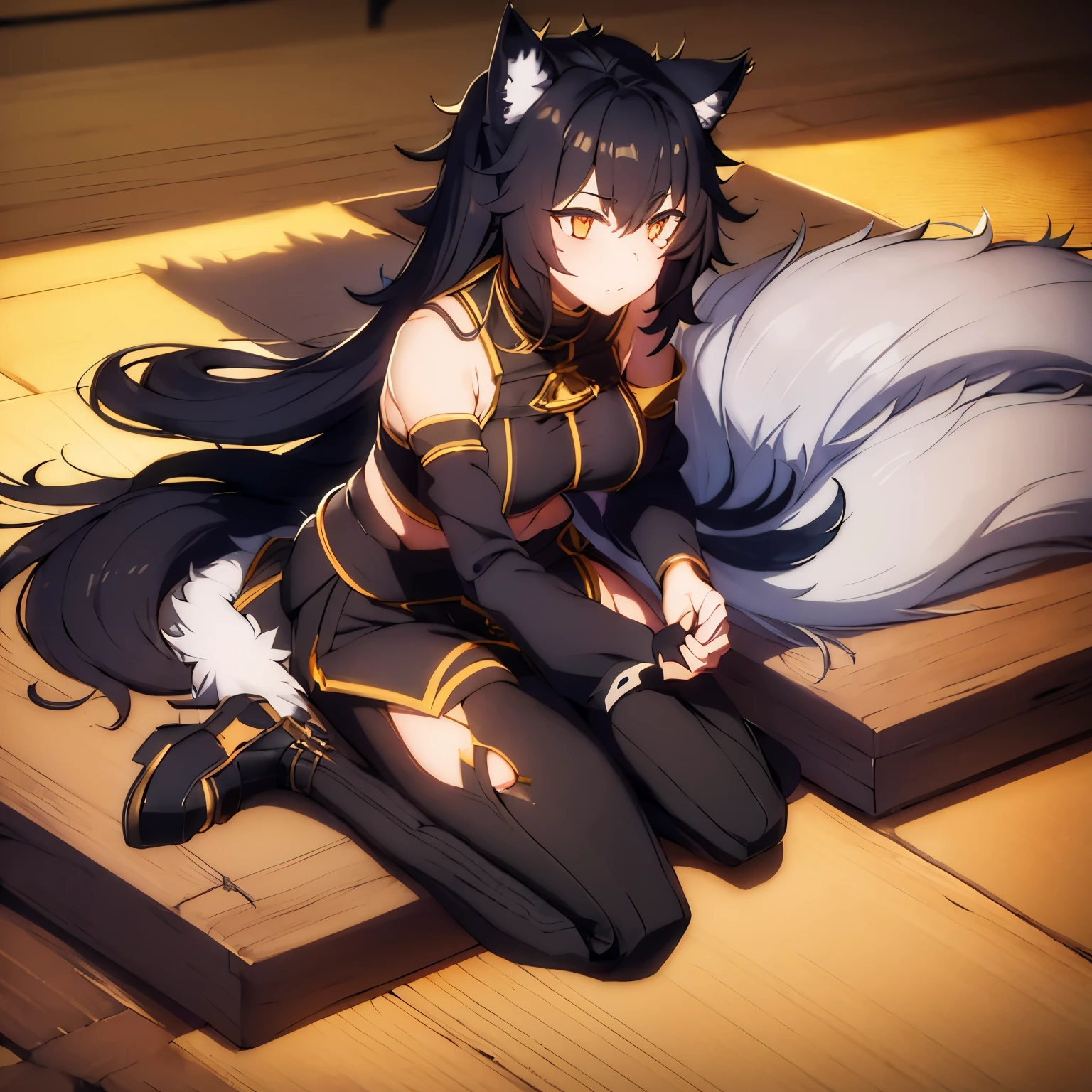 1 girl, wolf ears, 1 girl large boobs, wolf tail, long hair, black hair, gold eyes, full body, black coat, black pants