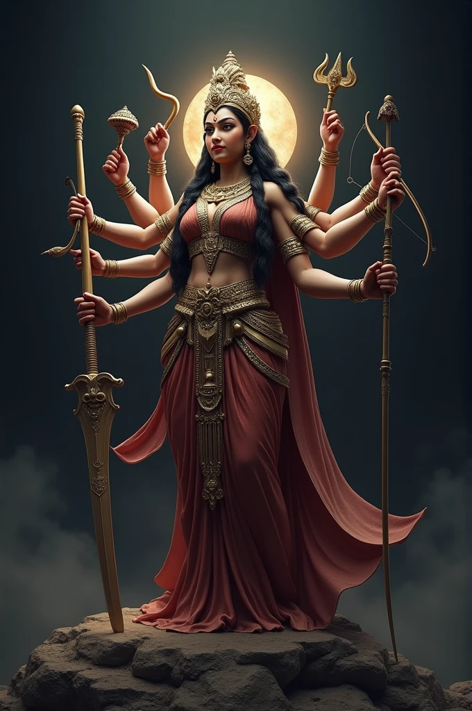 a furious deity with multiple arms, goddess durga, angry expression, detailed face, piercing eyes, ornate headdress, powerful stance, intricate jewelry, elaborate clothing, full body cover, dark background, dramatic lighting, moody atmosphere, digital art, hyper detailed, cinematic style, photorealistic, masterpiece