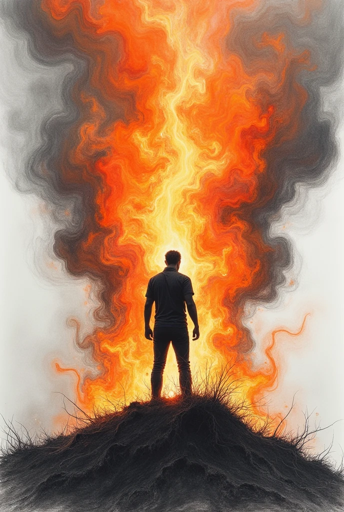 (pencil sketch),(HD 4k) pencil sketch image  of huge wildfire in the heart of a shiloutte person 