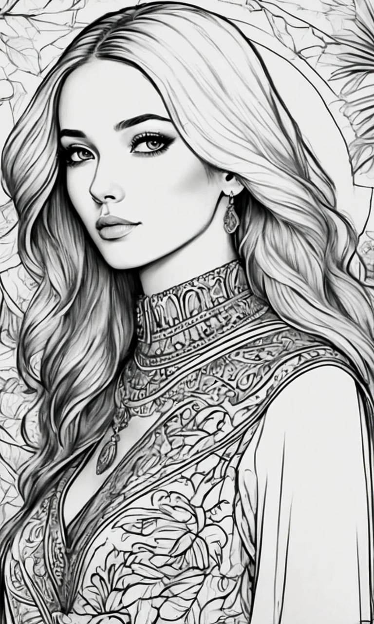 (Black and white coloring book) line drawings, masterpiece, best quality, ultra-detailed, high resolution, Very detailed face, (Eyes clear and distinct lines), Hair is white color, Full body shot, A woman in a practical yet elegant dress like an explorer would wear on safari, Hyper detailed crisp black line draw, ((simple white color)), Fibonacci