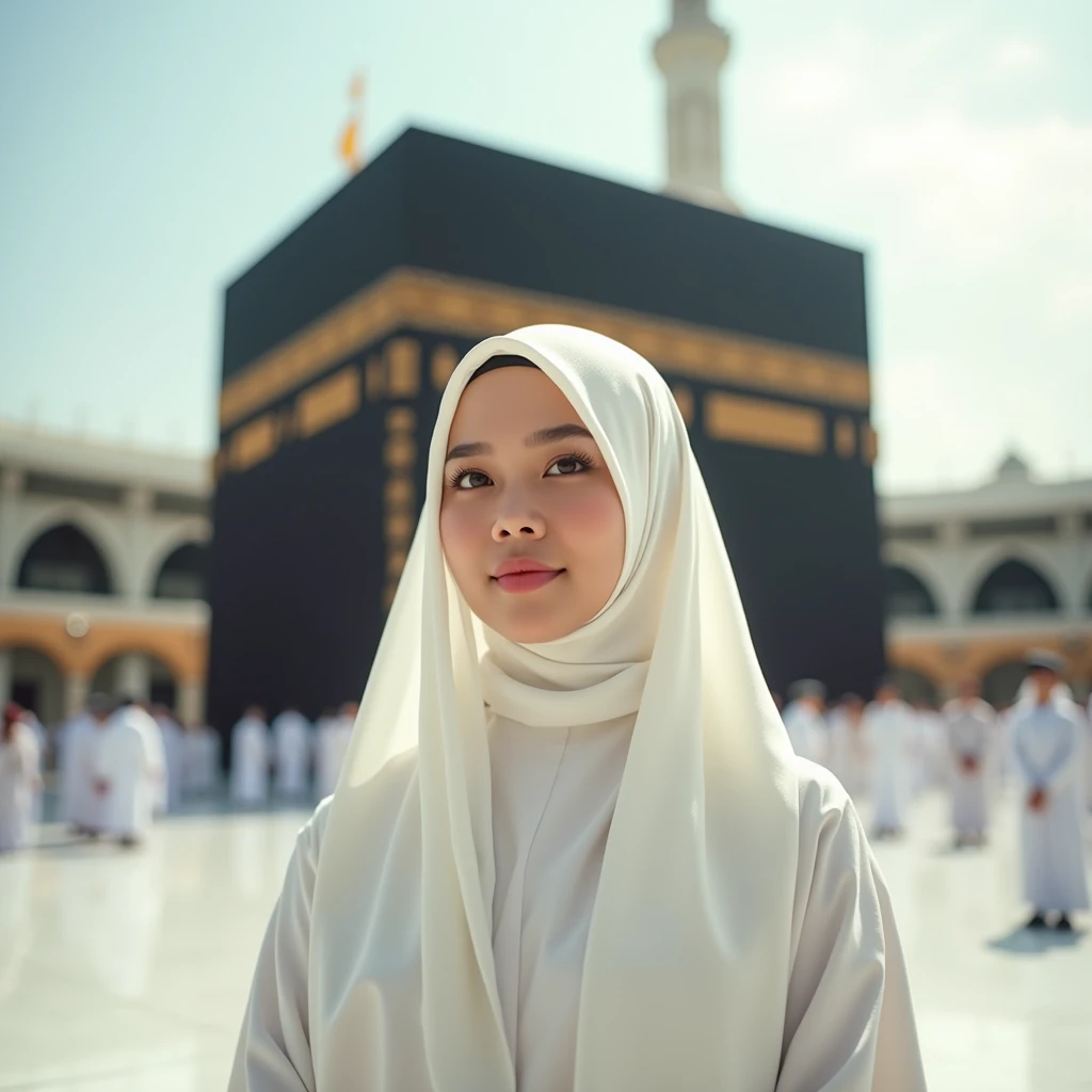 potrait a beautiful youths white Muslim 20 years old Indonesian Muslim girls wearing a white cotton hijab and beautiful white dress, sitting holding book in front of the laptop near a glass window with a view of the glass of beautiful view of the night sky of the Kaaba and the Grand Mosque with beautiful lights, she is in the middle of a composition of hijab and the background shows the contrast, she looks so real,very realistic ultra HD 16K