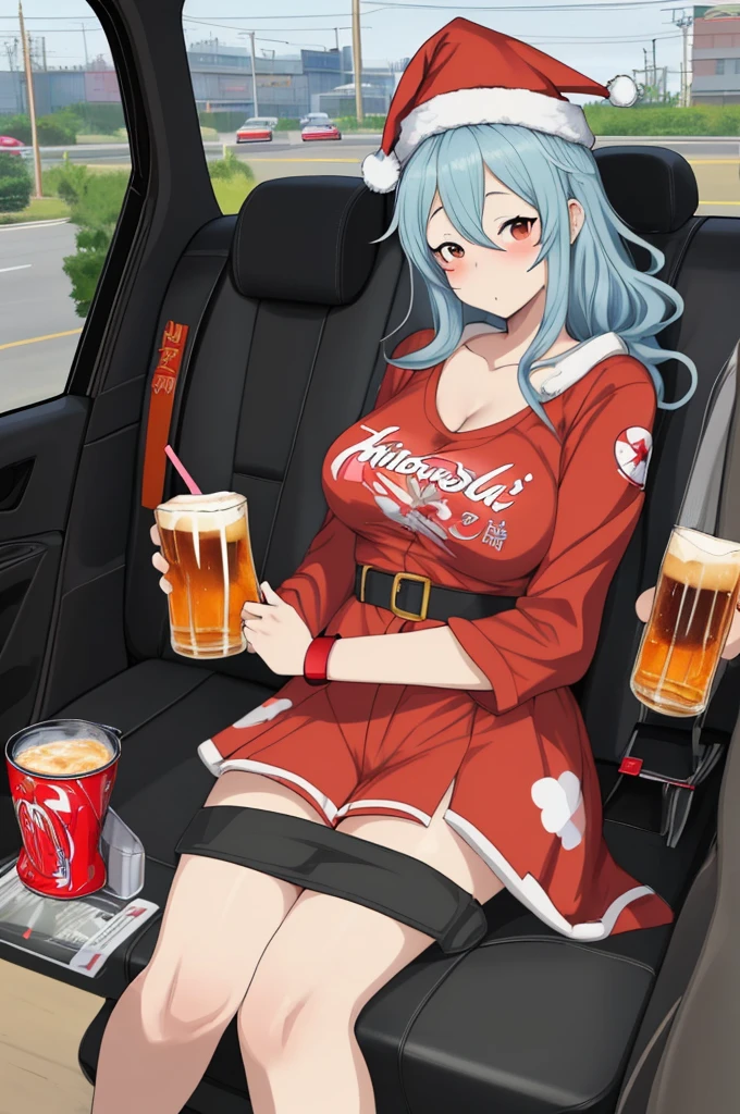 anime girl with santa hat sitting in a car with beer, , anime girl drinks energy drink, Seductive anime girl, (SFW) Insurance for work, guweiz, , soft drink theme girl, trend on cgstation, ecchi, OPPAI biomecánicos, OPPAI, holding a beer!!, artwork in the style of Guweiz