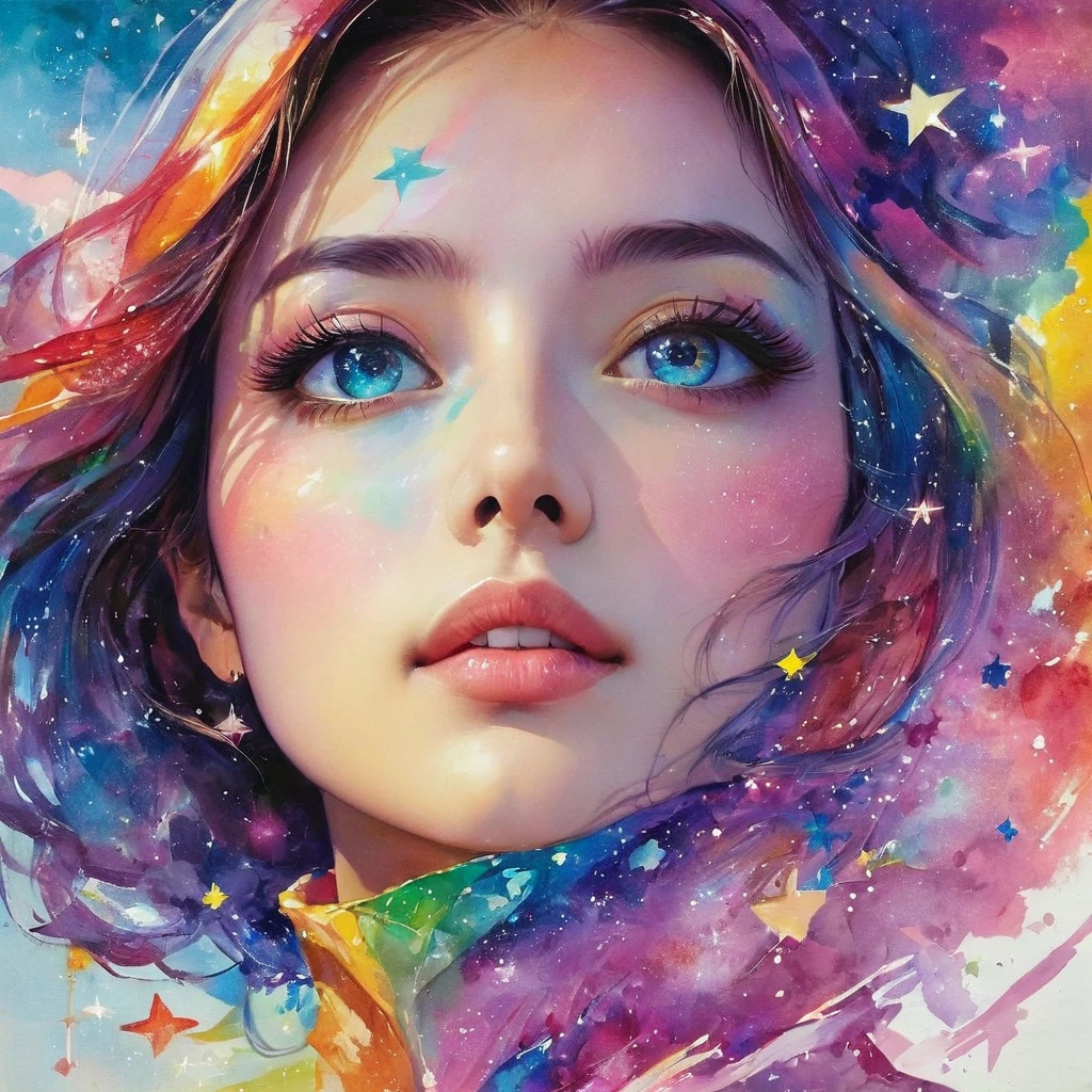 (((Artwork))), ((Super detailed)), Beautiful and elegant young woman, Cute Abstract Style, cigarette, In the sky, Colorful and vibrant, Mysterious colors, Modern Impressionism, Portrait of Jeong Yeonjun, Rainbow Perspective ,Low - Angle, A vast circular composition, Big beautiful crystal eyes, Big Iris, Ultra HD, High resolution, 8k, The most beautiful portraits in the world, Non-expressive, Color and shape, emotional expression, Imaginative, Different colored outer world planets, Shooting stars in the background