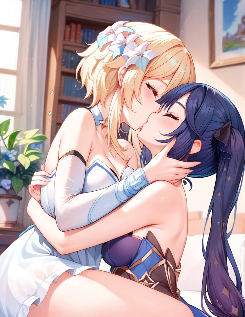 (2girl:1.3) (very close up:1.3) (facing each other:1.1) (hands pinning down wrists:1.1) (2 girls on top of each other) (passionate kissing:1.3) (adult woman) (topless:1.1) (amethyst purple chains on wrists) (purple halo) purple rose choker, night, dark cozy bedroom, mood lighting, on bed, (extremely large breasts:1.1), large butt:1.1, thin waist, Long HAIR, (blonde hair), (loving look:1.3), original HAIR style, Dynamic Angle, (detailed face) (dynamic lighting), (amethyst purple eyes) (amethyst purple leaf bracers on arms) (amethyst purple leaf hair piece) (elaborate amethyst necklace) (purple roses on bed:1.3) (purple roses in hair) (stunning beautiful purple eyes) (blush) (breathing heavy:1.2) (lots of cum from vaginas:1.5) (covered in cum:1.5) (cum on body:1.5) (so much cum:1.5)