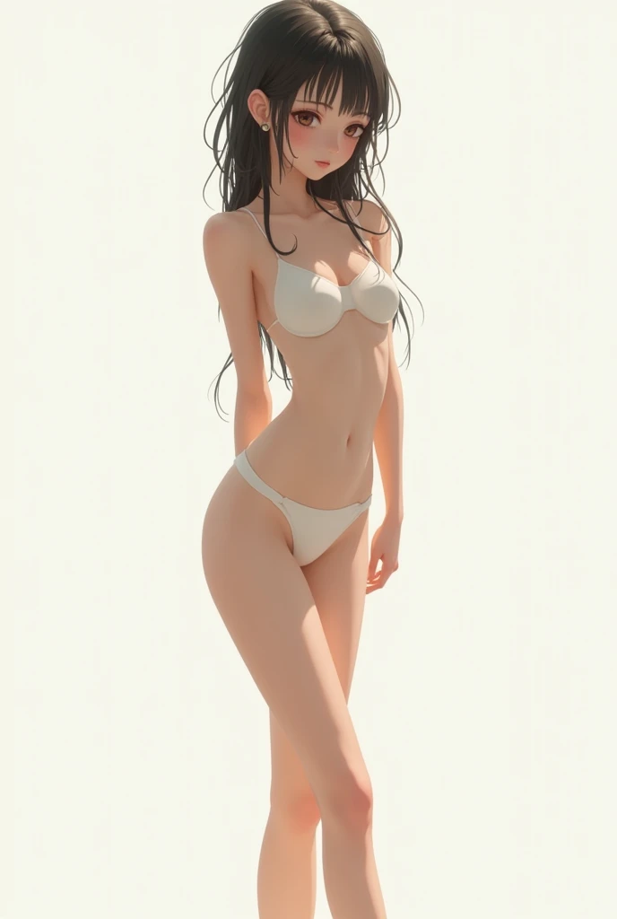 She is a girl who is 1, 160 cm tall, weighing 60 kilos, is a little chubby in the thighs with straight black hair down to her shoulders and light skin. Draw her full body with bust measurements of 87, waist 70 and hip 90 in underwear from front