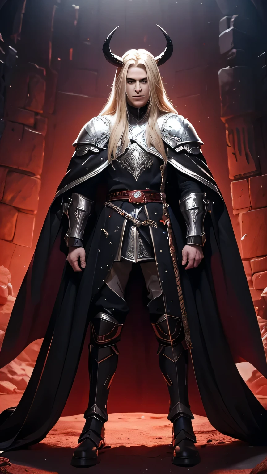 A man with long blond hair and black roots. He wears a helmet with horns that covers his neck. He wears armor with ram figures. His armor is silver in color. He wears a red cape on his back. He is standing in front of his throne inside a cave.