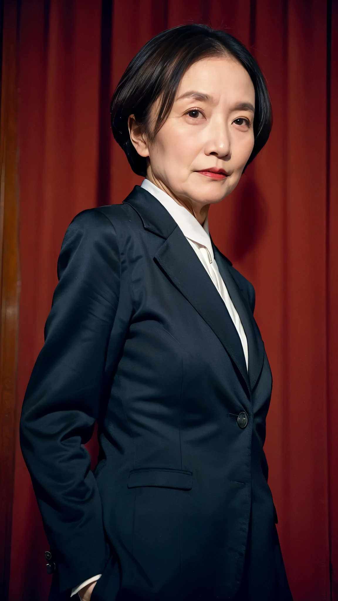 Masterpiece, Depth of written boundary, ((Great focus)), gravure, 32K, Beautiful finish, Japanese, (((Shima Iwashita))), Beautiful mature woman、90-year-old woman、High Career, Corporate Executive, Photo of your ID、Long face, Big Breasts, Red lips, Thin lips, business suit、Alluring, Light from the front,